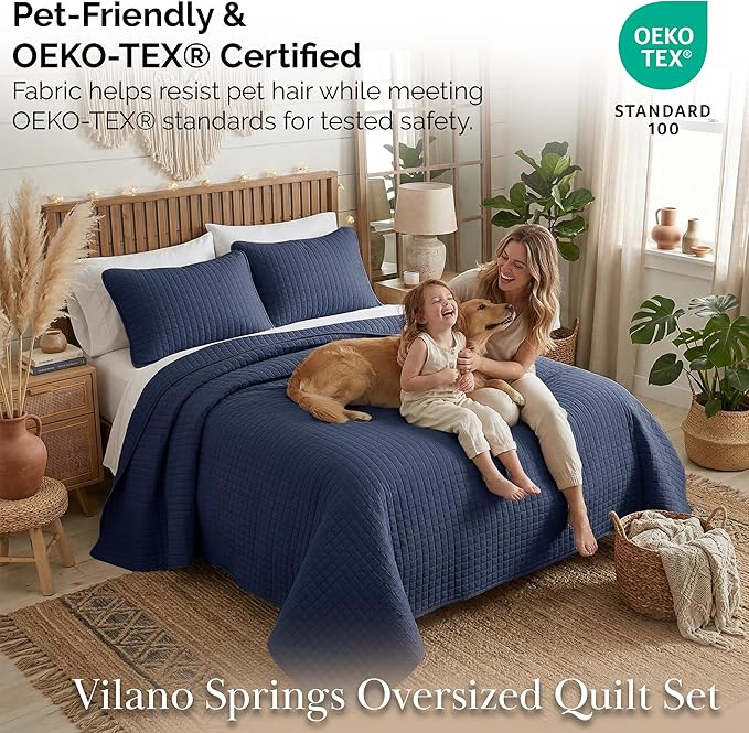 Southshore Fine Living, Inc. Summer Quilt Queen Size, Full Size Bedding Set, Pet Hair Resistant Bedding Coverlet Sets, Bedspreads Queen Size with 2 Pillow Shams, Quilted Comforter, Dark Blue Quilt
