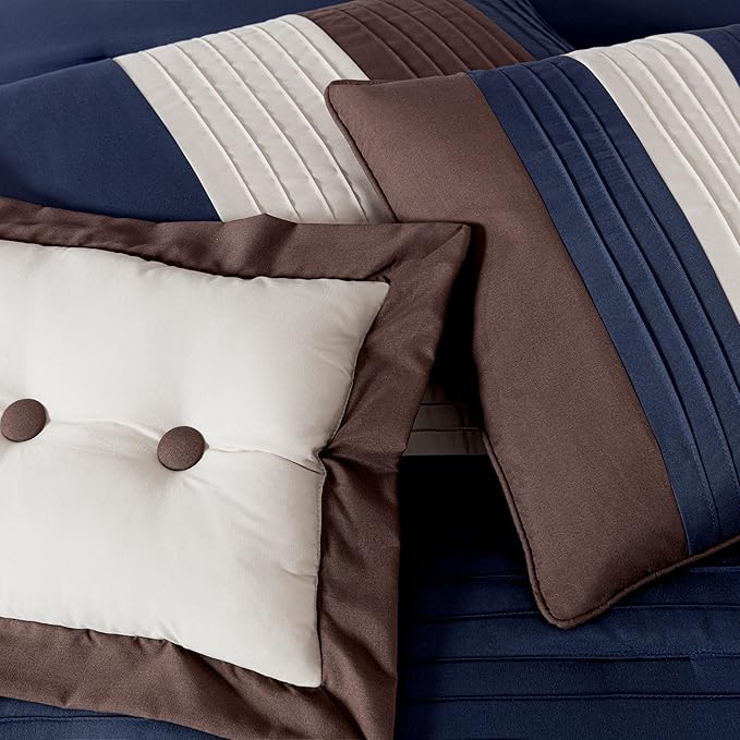 Chezmoi Collection Loft 8-Piece Oversized King Comforter Set, Midnight Blue/Brown/Coffee Cream Luxury Striped Bedding for All Season
