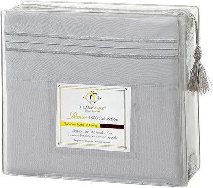 Clara Clark Bed Sheets, Premier 1800 Series 4 Piece Bed Sheet Set, Deep Pocket, Wrinkle, Fade, Stain Resistant, Luxury Soft Bedding Sheets & Pillowcases, California King, Silver Gray