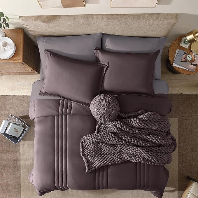 Monbix Queen Comforter Set - 7 Pieces ltalian Plum Bed in a Bag Queen Bedding Sets with Comforters, All Seasons Comforter Bed Set with Sheets, Pillowcases & Shams