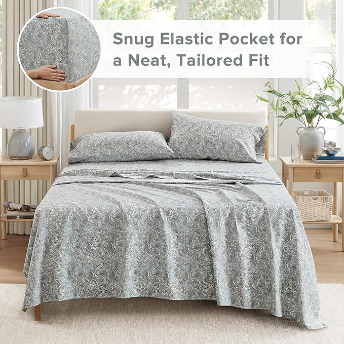 Comfort Spaces Extra Deep Pocket, 100% Cotton King Fits up to 24" Mattress, Breathable, Naturally Cool Cotton, Soft Cotton Sheets, All Seasons Sheet Set, Paisley 4 Piece