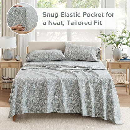 Comfort Spaces Extra Deep Pocket, 100% Cotton King Fits up to 24" Mattress, Breathable, Naturally Cool Cotton, Soft Cotton Sheets, All Seasons Sheet Set, Paisley 4 Piece