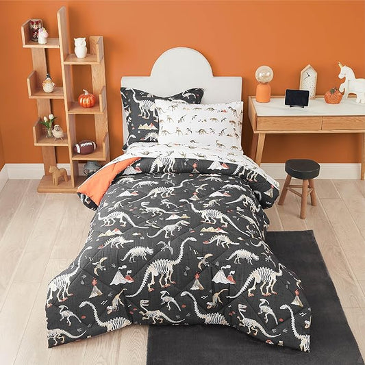 Grey Dinosaur Twin Comforter for Boys, 5 Pieces Kids Bedroom Bedding Set with Sheets and Pillowcase, Super Soft Lightweight for All Seasons, Machine Washable