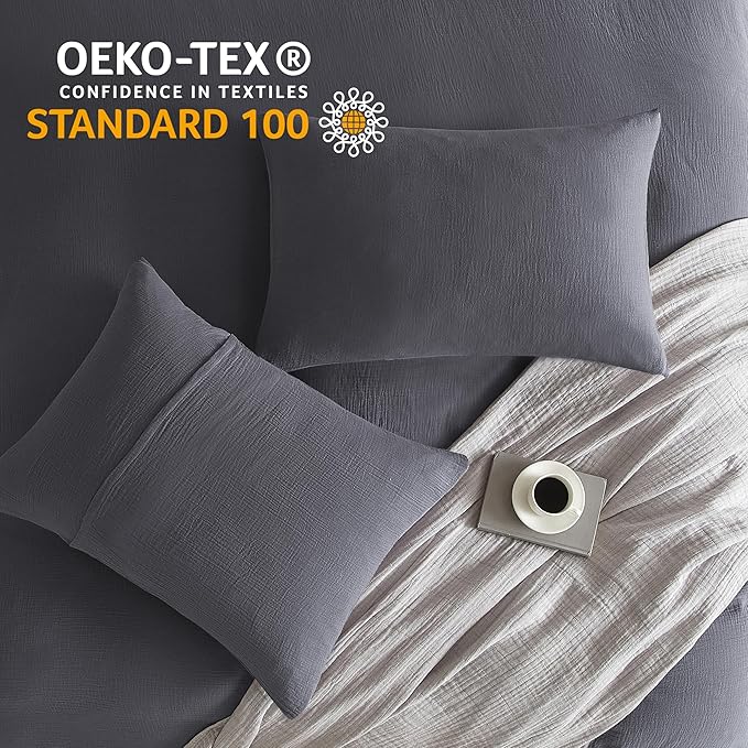SE SOFTEXLY Muslin Duvet Cover California King Size, 100% Washed Cotton Duvet Cover Set, Ultra Soft Comforter Cover Linen Like, 3 Pieces Gauze Duvet Cover with 2 Pillowcases, 98"x104", Dark Grey