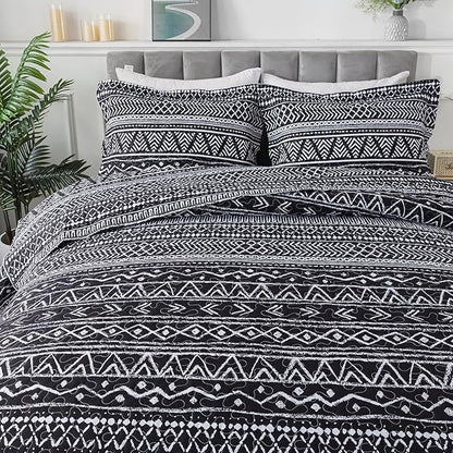 Travan 3-Piece Queen Quilt Set Striped Pattern Microfiber Soft Lightweight Bedding Set with Shams for All Season, Black Strips, Queen Size