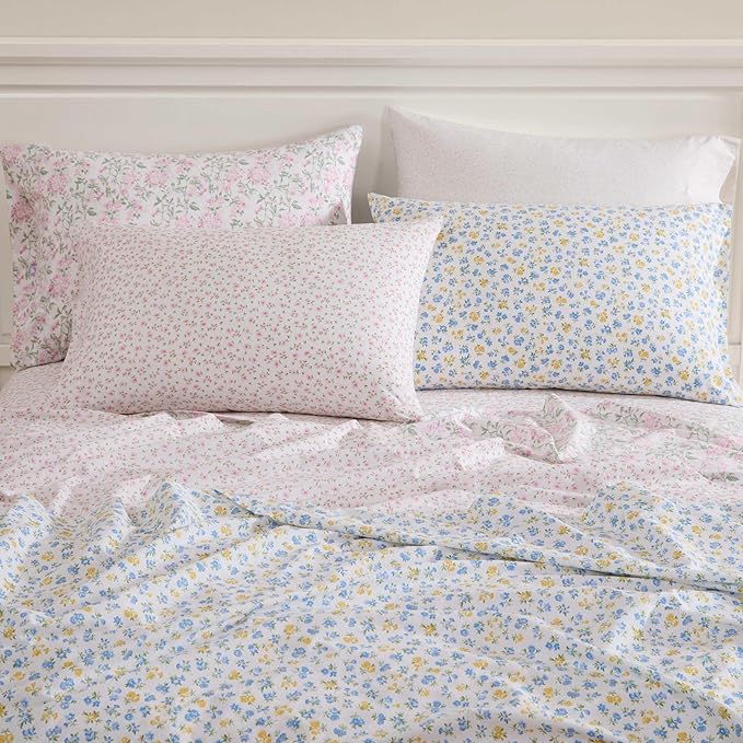 Laura Ashley - Queen Sheet Set, Crisp & Cool Cotton Percale Bedding for Year Round Comfort, Deep Pocket, Bed Sheets with Matching Pillowcases (Little Ditsy Pink)