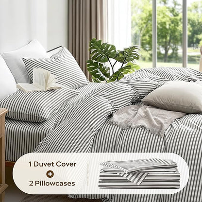 JELLYMONI Duvet Cover, 100% Natural Cotton, Printed Comforter Cover with Zipper Closure and Corner Ties (Alaskan King 132×120 Inch, White Duvet Cover Set with Grey Stripes Pattern)
