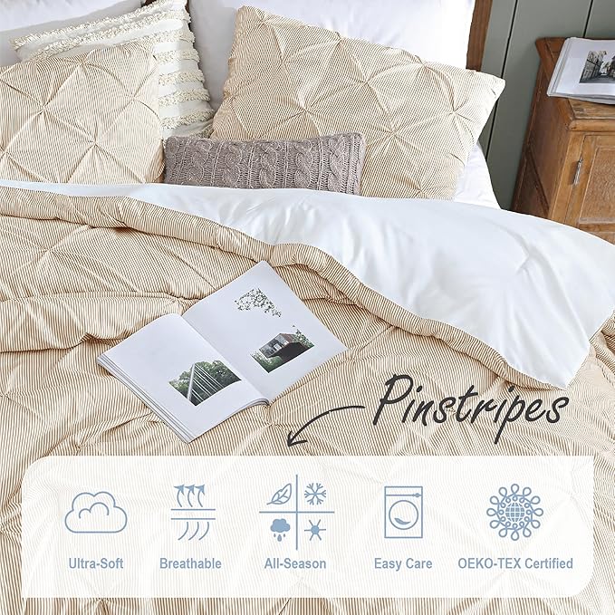 Swift Home Full/Queen Pinstripe Taupe Comforter Set - Classic Pintuck Bedding Set - 3 Pieces Bed Linen, 1 Comforter and 2 Pillow Shams