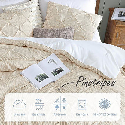 Swift Home Full/Queen Pinstripe Taupe Comforter Set - Classic Pintuck Bedding Set - 3 Pieces Bed Linen, 1 Comforter and 2 Pillow Shams