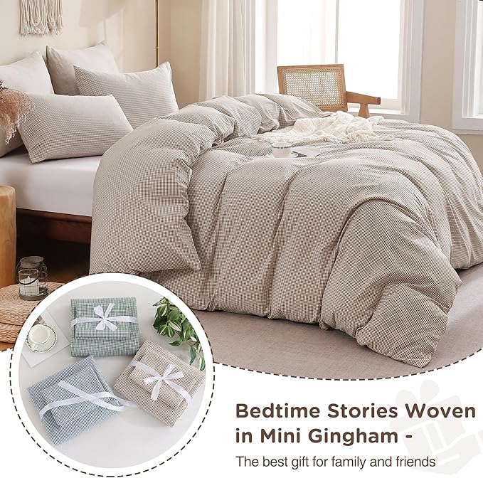 TOCOMOA Mini Gingham Tan Duvet Cover Bedding Set 100% Washed Cotton Like Linen Feel Super Soft Comfy 3 Piece Brown Small Plaid Checkered Fall Comforter Cover Set (Full 80"x90", Comforter Not Included)