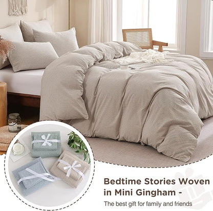 TOCOMOA Mini Gingham Tan Duvet Cover Bedding Set 100% Washed Cotton Like Linen Feel Super Soft Comfy 3 Piece Brown Small Plaid Checkered Comforter Cover Set (Queen 90"x90", Comforter Not Included)