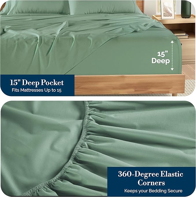 Casa Platino Cal King Bed Sheets – 100% Cotton Sheets with 4 Pillowcases, Crisp Percale Weave & Cozy Feel, Cooling & Breathable Cal King Sheet Set with 15" Deep Pocket, Excellent Quality – Sage Green