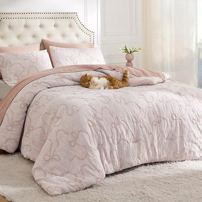 Bedsure Pink King Size Comforter Set, GentleSoft™ 3 Pieces Breathable Bow Comforter Set Women with 2 Pillow Shams, Cute King Bedding Set Pink Room Decor Aesthetic Bedroom Decor, 104x90 Inches