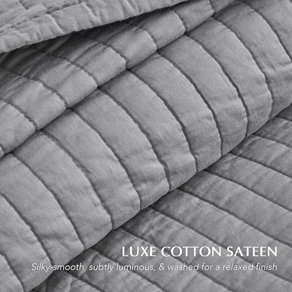 EVERGRACEHOME Cotton Sateen Quilt Set Queen Size, Pre-Washed Cotton Channel Stitch Coverlet Bedspread, 3 Pieces Lightweight Soft Bedding Sets for All Season, with 2 Pillow Shams, Fog Gray