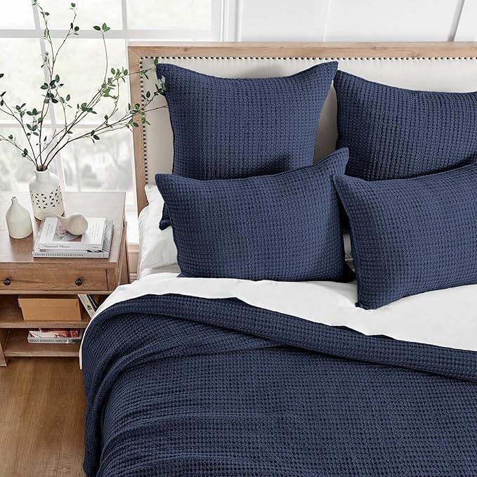Levtex Home Mills Waffle Queen Bedspread Set (104x106in) with 2 Pillow Shams (26x20in) - Navy - 100% Cotton Queen Size Bedspread Set - Lightweight, Soft, Pre-Washed