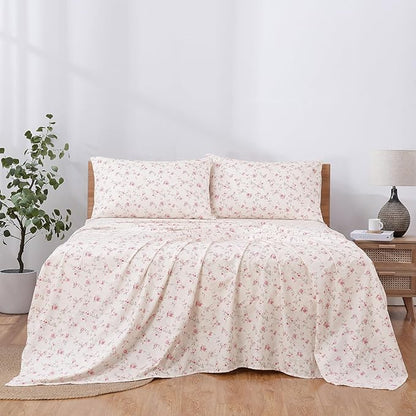 Modern Threads 4-Piece Ultra Soft Microfiber Bed Sheets Set, Wrinkle Free Sheets with Deep Pockets Fitted Sheet, Flat Sheet & Pillowcases, Lightweight Breathable Bedding, Floral Rose, Queen