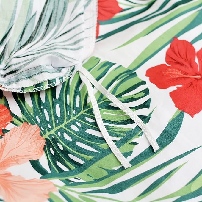 FADFAY Tropical Red Hibiscus Palm Leaves Duvet Cover Set Super Soft Summer Bedding 100% Cotton Soft with Hidden Zipper Closure Queen Size 3-Pieces