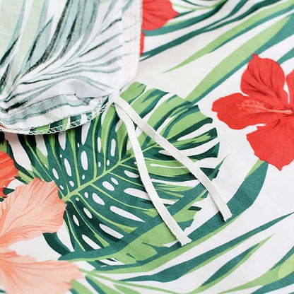 FADFAY Tropical Red Hibiscus Palm Leaves Duvet Cover Set Super Soft Summer Bedding 100% Cotton Soft with Hidden Zipper Closure Queen Size 3-Pieces