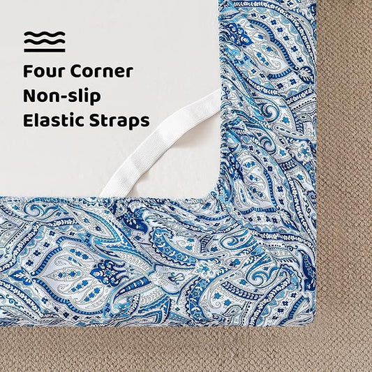 Softan Blue Paisley Printed Queen Size Sheet Set, Blue Floral Sheets Queen, Cozy Microfiber Fitted Sheet with 15" Deep Pocket & Non-Slip Straps, Flower Patterned Sheets & Pillowcase Sets