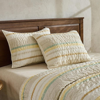 Wonderful 100% Cotton Quilt Set Queen Size Striped Fall Bedding, Natural Dyed Cozy & Breathable Coverlet, Soft Pre-Washed Bedspread (Light Yellow/Green)