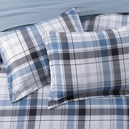 MaiRêve Twin XL Size Plaid Comforter Set Lake Blue, Classic 5 Pieces Farmhouse Bedding Set, All Season Lightweight Bed in A Bag with Sheets, Pillowcase & Sham
