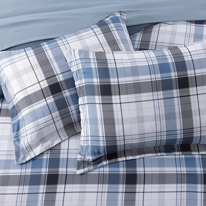 MaiRêve Full Size Plaid Comforter Set Lake Blue, Classic 7 Pieces Farmhouse Bedding Set, All Season Lightweight Bed in A Bag with Sheets, Pillowcases & Shams