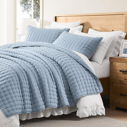 WDCOZY King Size Quilt Bedding Sets with 2 Pillow Shams, Lightweight Soft Bedspread Coverlet, Quilted Blanket Thin Comforter Bed Cover for All Season, 3 Pieces, 104x90 inches, Blue