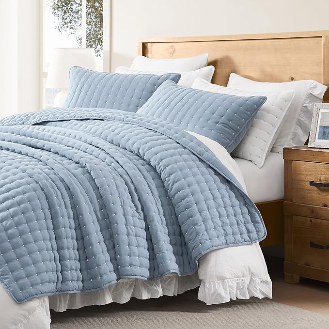 WDCOZY Twin Quit Size Bedding Sets with Pillow Sham, Lightweight Soft Bedspread Coverlet, Quilted Blanket Thin Comforter Bed Cover for All Season, 2 Pieces, 68x90 inches, Blue