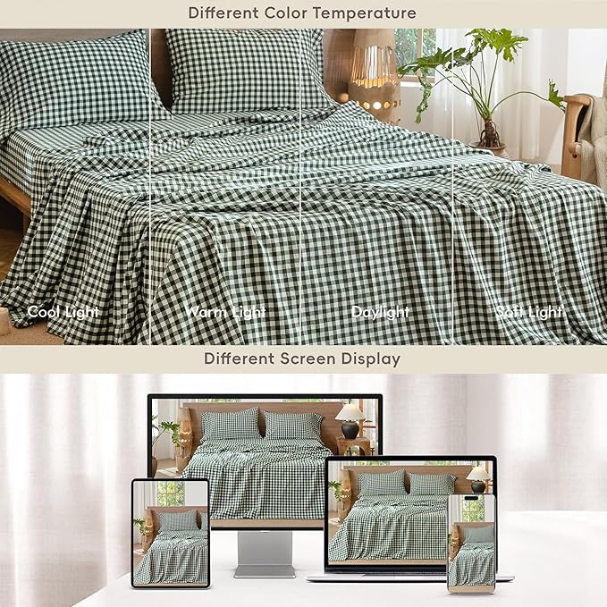 MooMee Gingham Sheet Set 100% Washed Cotton Linen Like Textured Breathable Soft w/Fully Elasticized 16-19" Deep Pocket (Classic Gingham Forest Green, Queen)