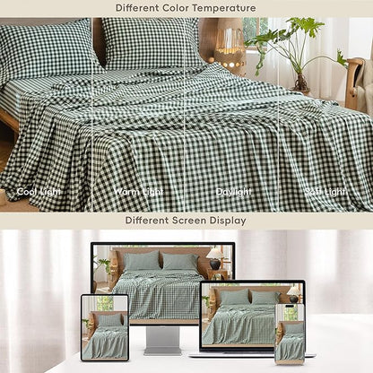 MooMee Gingham Sheet Set 100% Washed Cotton Linen Like Textured Breathable Soft w/Fully Elasticized 16-19" Deep Pocket (Classic Gingham Forest Green, Queen)