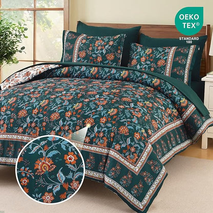 Dinjoy Comforter Set King Size Boho, Reversible Dark Green Bedding Paisley Floral 7 Piece Bed in a Bag Soft Lightweight Bohemain Comforters with Sheet Sets for All Season