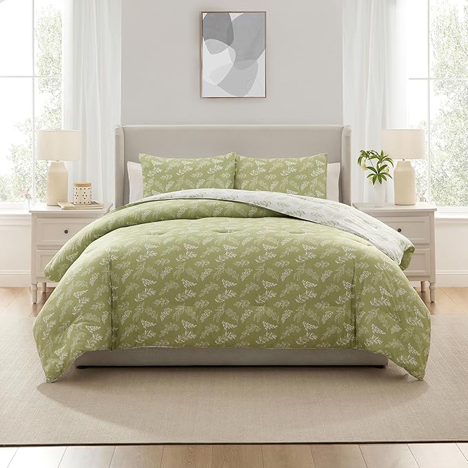 Nestl Full Size Comforter Sets - Sage Green Bed in a Bag Full Size, 3 Pieces Reversible Bed Set, Soft Floral Bedding Set, All Season Botanical Comforters with Pillow Shams