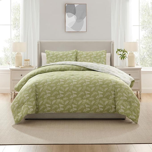 Nestl King Size Comforter Set - Sage Green Bed in a Bag King Size, 3 Pieces Reversible Bed Set, Soft Floral Bedding Set, All Season Botanical Comforters with Pillow Shams