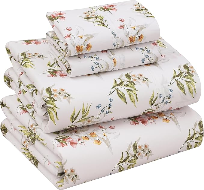 RUVANTI 100% Cotton Sheets – King Size Percale Bedding, Cooling & Breathable Floral Design, Durable with a Crisp, Soft & Comfortable Feel, 16" Deep Pocket, 4-Piece Set, Floral Bliss