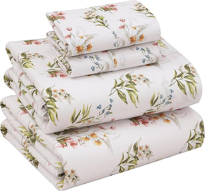 RUVANTI 100% Cotton Sheets – California King Percale Bedding, Cooling & Breathable Floral Design, Durable with a Crisp, Soft & Comfortable Feel, 14" Deep Pocket, 4-Piece Set, Floral Bliss