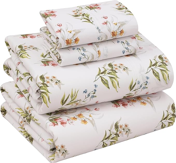 RUVANTI 100% Cotton Sheets – Full Size Percale Bedding, Cooling & Breathable Floral Design, Durable with a Crisp, Soft & Comfortable Feel, 16" Deep Pocket, 4-Piece Set, Floral Bliss