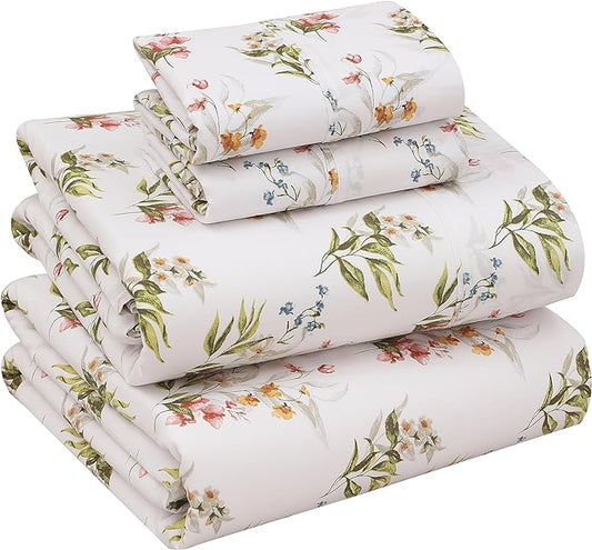 RUVANTI 100% Cotton Sheets – Full Size Percale Bedding, Cooling & Breathable Floral Design, Durable with a Crisp, Soft & Comfortable Feel, 16" Deep Pocket, 4-Piece Set, Floral Bliss