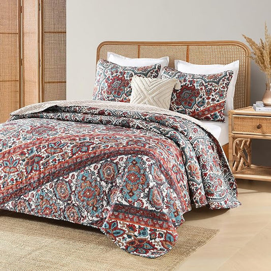 Horimote Home Boho Quilt King Size, Reversible Bohemian Style Twill Strip Floral Quilt Beddding Set, Colorful and Soft Bedspread Oversized King Quilt Coverlet for All Season, 2 Pillow Shams (3 Pieces)