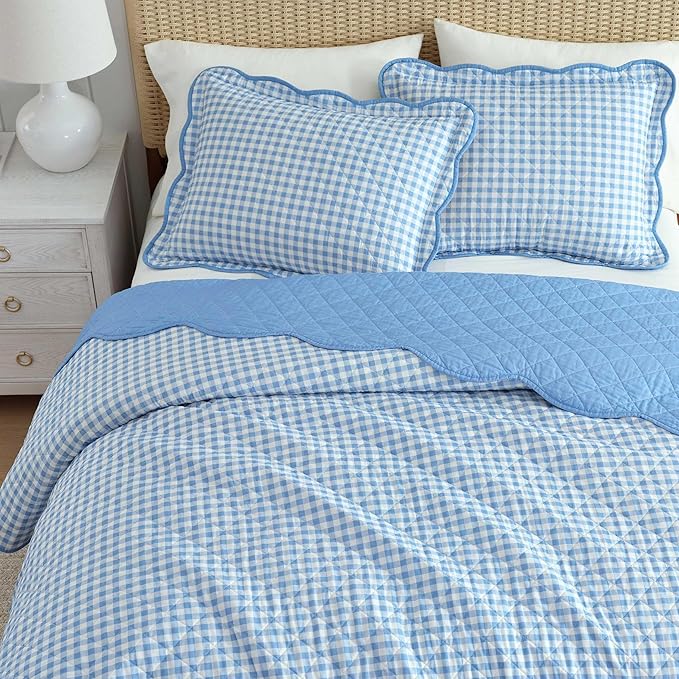 Martha Stewart - King Quilt Set, 100% Soft & Breathable Bedding with a Lightweight Feel for Year Round Comfort, 3 Piece Bed Set with Matching Pillowcases (Olivia Gingham Blue)