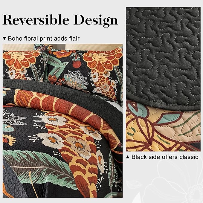 3 Piece Black Boho Floral King Size Quilt Sets Reversible Farmhouse Botanical Lightweight Bedspread Coverlet with 2 Shams Butterfly Microfiber Bedding Quilts Set for All Season, 106''x96''