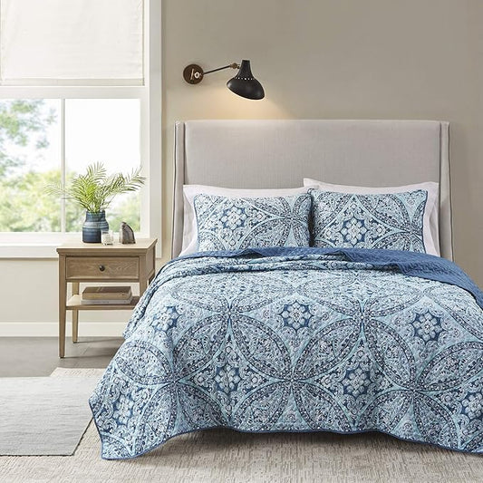 Comfort Spaces Reversible Quilt Set-Vermicelli Stitching Design All Season, Lightweight, Coverlet Bedspread Bedding, Matching Shams, Full/Queen (90 in x 90 in), Gloria Damask Aqua 3 Piece