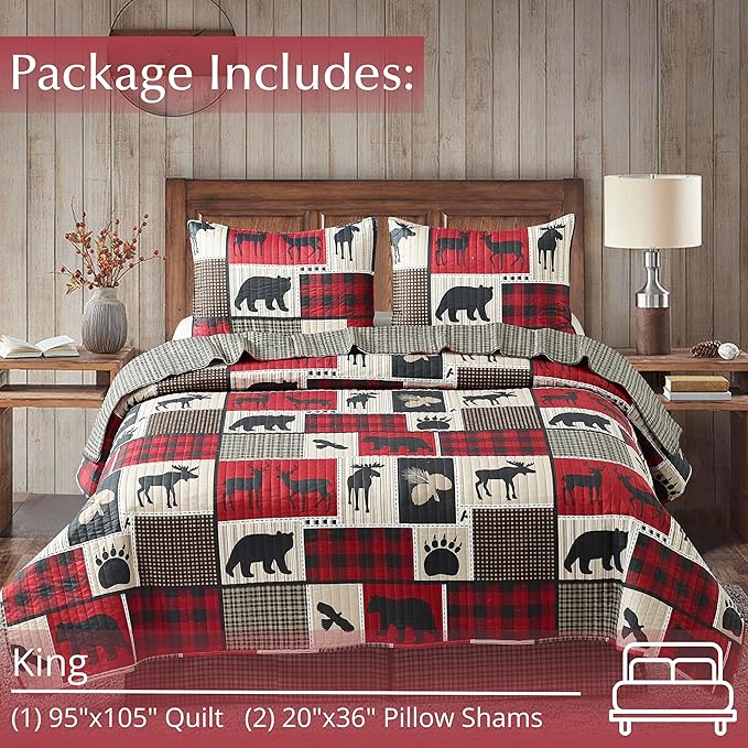 Virah Bella 3 Piece King Cabin Quilt Bedding Set - Lodge Life - Rustic Country Reversible Patchwork Comforter Set with Decorative Pillow Shams