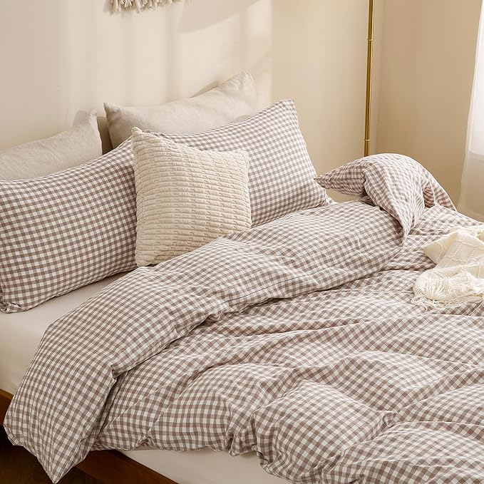 TOCOMOA Tan Gingham Duvet Cover Bedding Set 100% Washed Cotton Like Linen Feel Super Soft Comfy 3 Piece Brown Vintage Plaid Checkered Fall Comforter Cover Set (King 104"x90", Comforter Not Included)