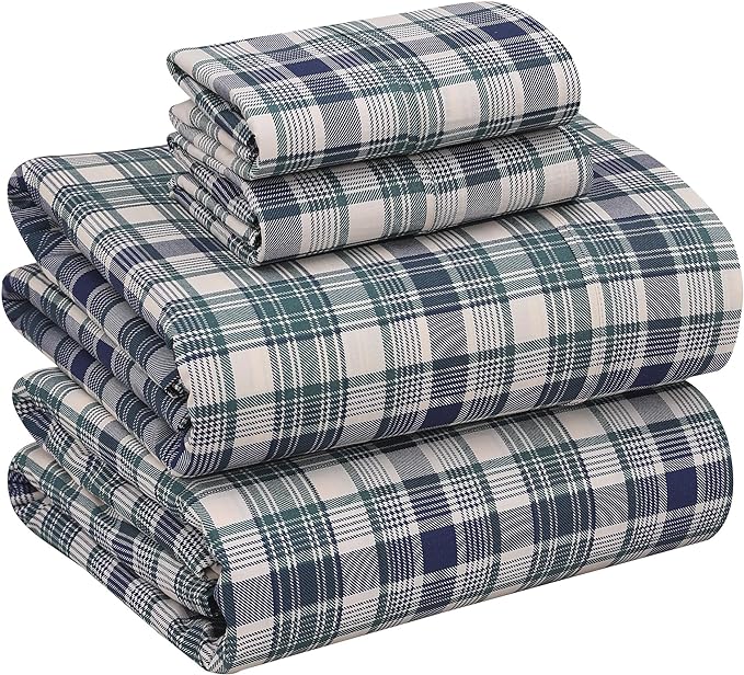RUVANTI 100% Cotton Sheets – California King Percale Bedding, Cooling & Breathable Floral Design, Durable with a Crisp, Soft & Comfortable Feel, 14" Deep Pocket, 4-Piece Set, Greenish Blue Plaid