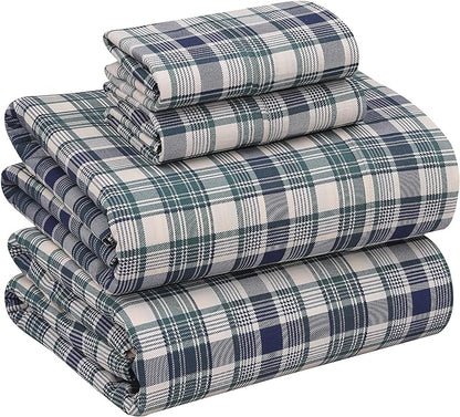 RUVANTI 100% Cotton Sheets – California King Percale Bedding, Cooling & Breathable Floral Design, Durable with a Crisp, Soft & Comfortable Feel, 14" Deep Pocket, 4-Piece Set, Greenish Blue Plaid
