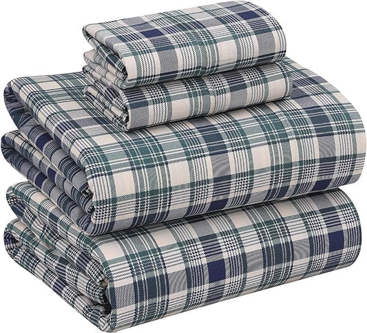 RUVANTI 100% Cotton Sheets – California King Percale Bedding, Cooling & Breathable Floral Design, Durable with a Crisp, Soft & Comfortable Feel, 14" Deep Pocket, 4-Piece Set, Greenish Blue Plaid