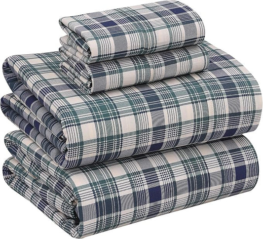 RUVANTI 100% Cotton Sheets – King Size Percale Bedding, Cooling & Breathable Floral Design, Durable with a Crisp, Soft & Comfortable Feel, 16" Deep Pocket, 4-Piece Set, Greenish Blue Plaid