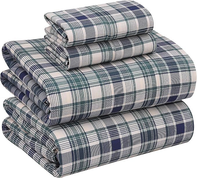 RUVANTI 100% Cotton Sheets – Full Size Percale Bedding, Cooling & Breathable Floral Design, Durable with a Crisp, Soft & Comfortable Feel, 16" Deep Pocket, 4-Piece Set, Greenish Blue Plaid