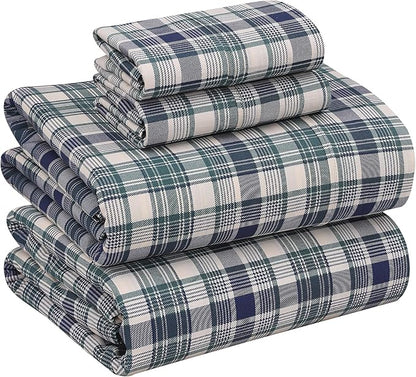 RUVANTI 100% Cotton Sheets – Full Size Percale Bedding, Cooling & Breathable Floral Design, Durable with a Crisp, Soft & Comfortable Feel, 16" Deep Pocket, 4-Piece Set, Greenish Blue Plaid