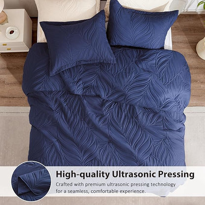 EXQ Home Quilt Set Twin Size Navy 2 Piece,Lightweight Soft Coverlet Modern Style Leaf Pattern Bedspread Set(1 Quilt,1 Pillow Sham)